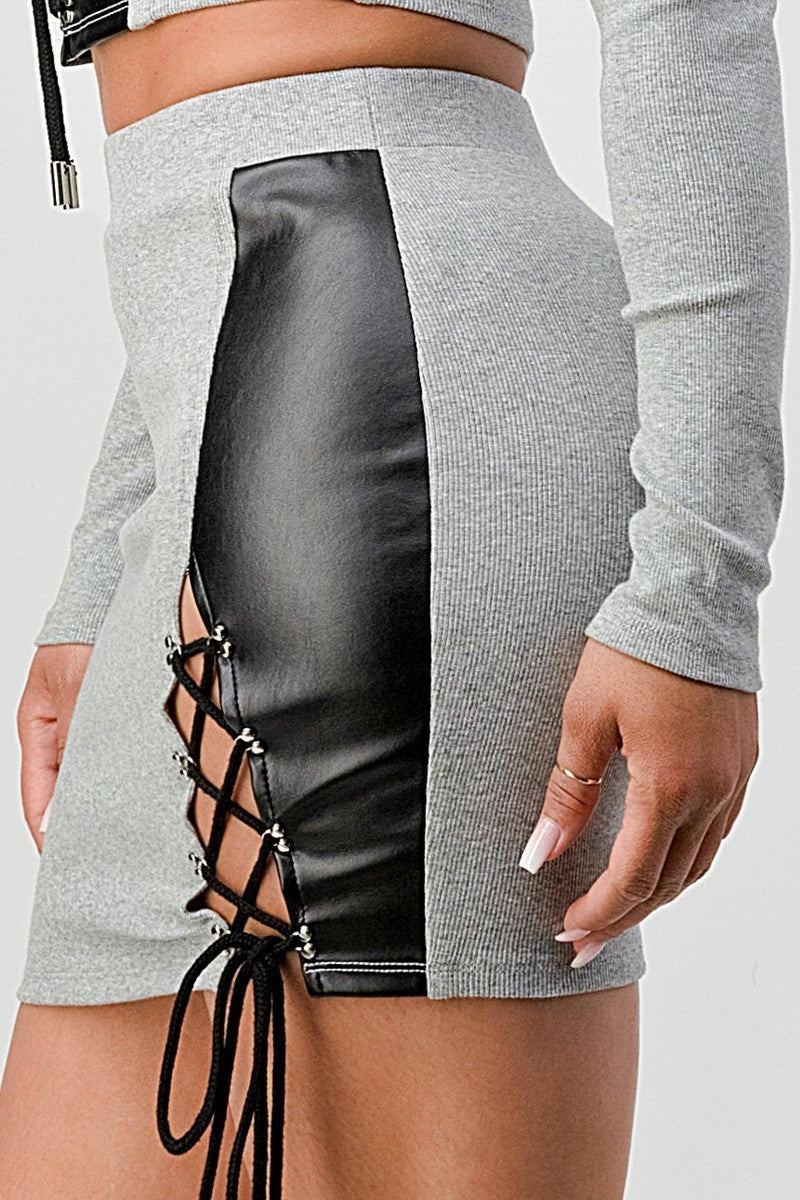 2 Piece Set With Cropped Long Sleeve Shirt With Pu Leather Detail Matching Mini Skirt Smile Sparker