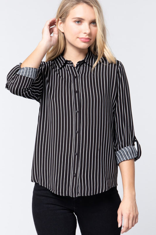 3/4 Roll Up Slv Stripe Print Shirt Smile Sparker