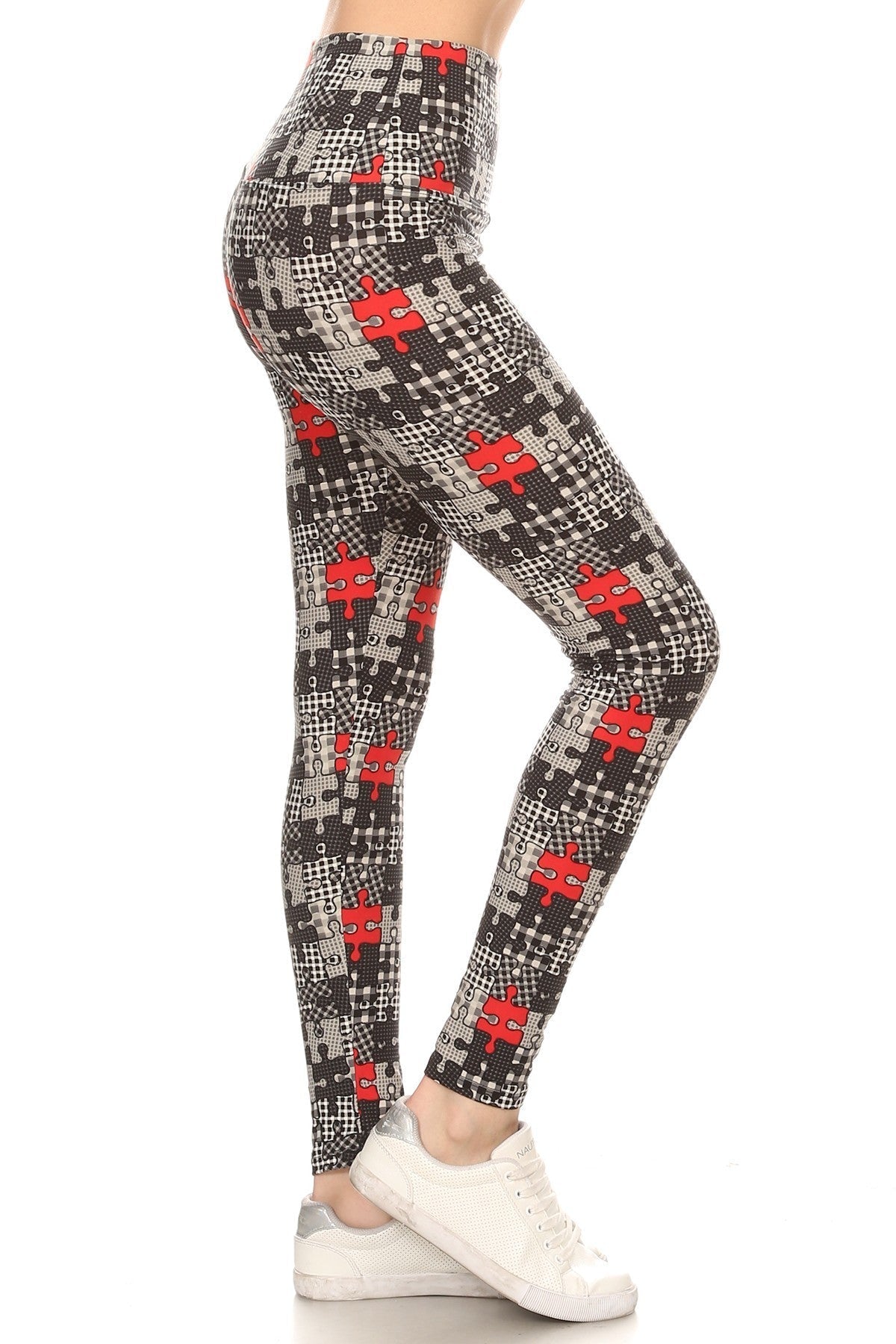 5-inch Long Yoga Style Banded Lined Puzzle Printed Knit Legging With High Waist Smile Sparker
