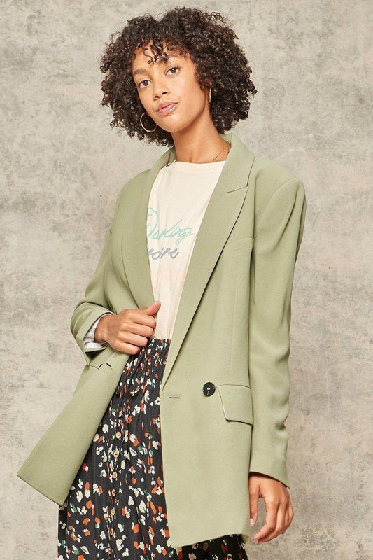 A Solid Woven Blazer Jacket - JACKETS & OUTWEAR - Green