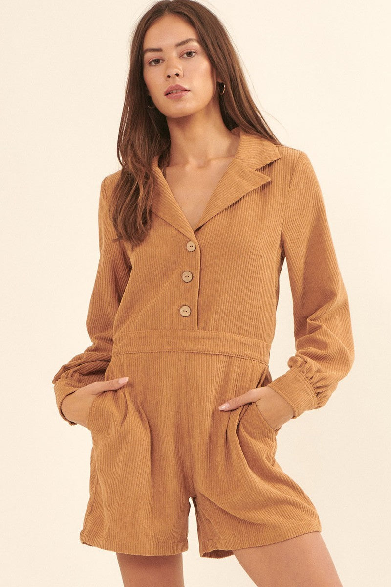 A Woven Corduroy Romper Smile Sparker