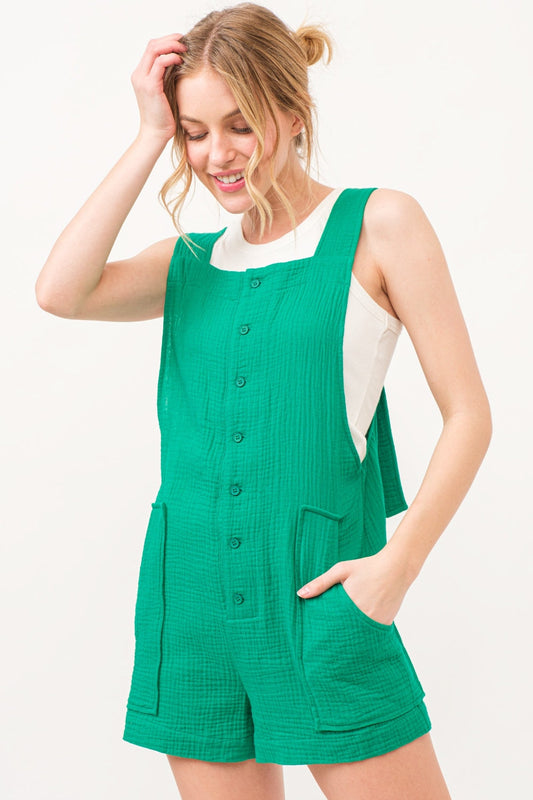 And The Why Button Up Tie Back Sleeveless Romper - Green / S - ROMPERS - Green