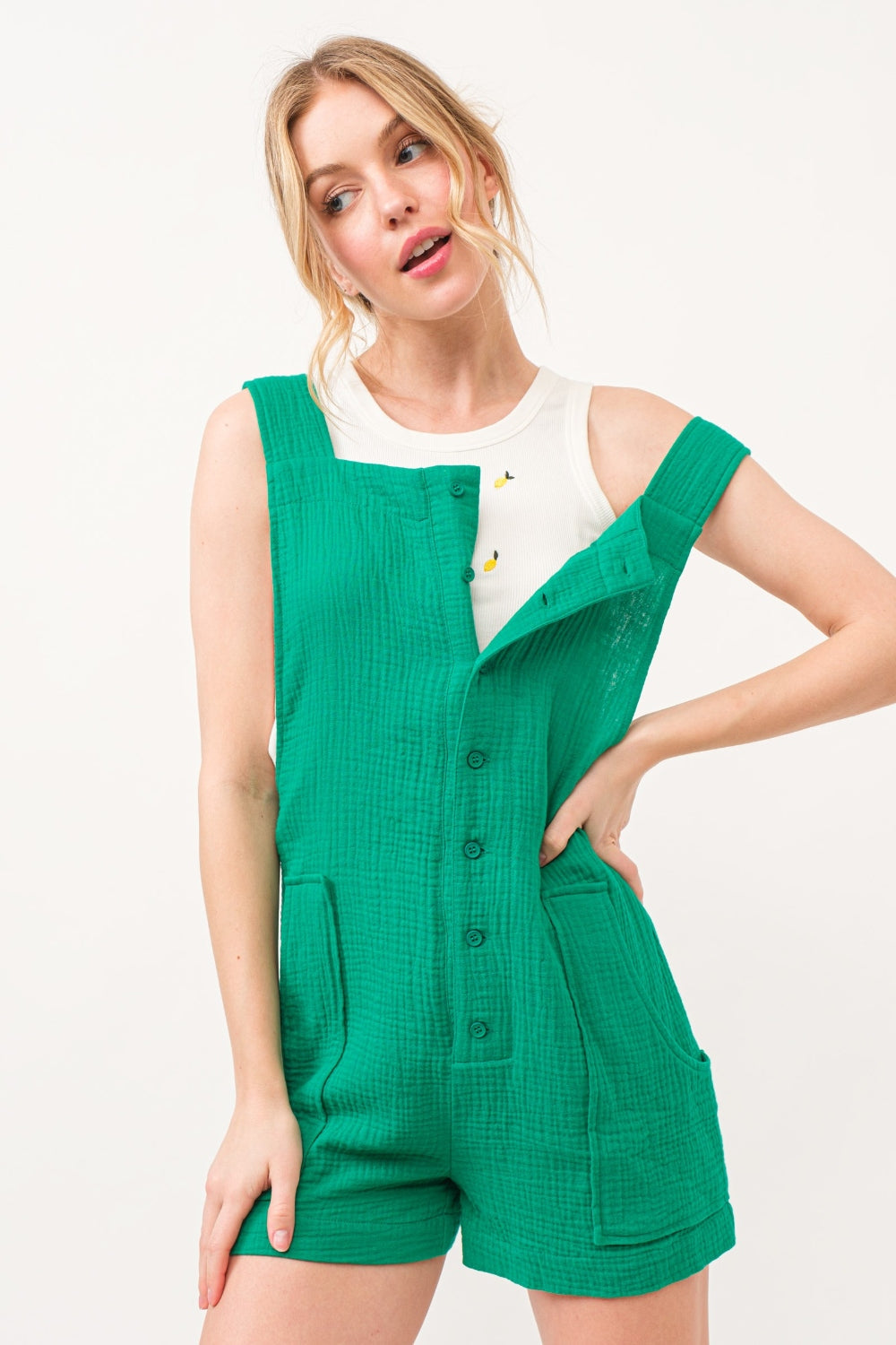 And The Why Button Up Tie Back Sleeveless Romper - ROMPERS - Green