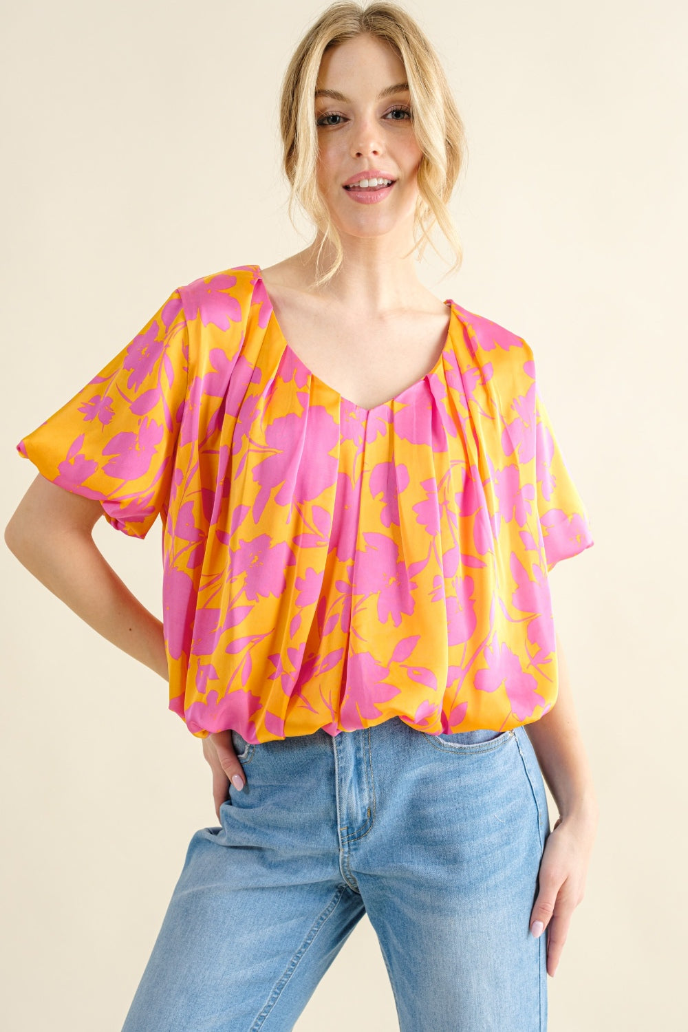 And The Why Full Size Printed Satin Bubble Hem Top - Citrus / S - TOPS - Floral print