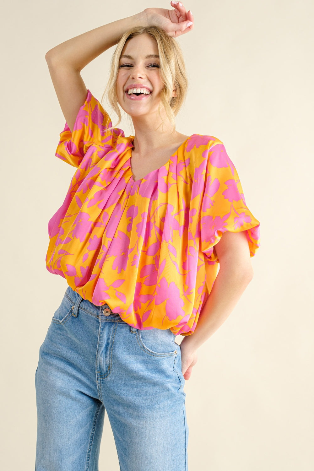 And The Why Full Size Printed Satin Bubble Hem Top - TOPS - Floral print