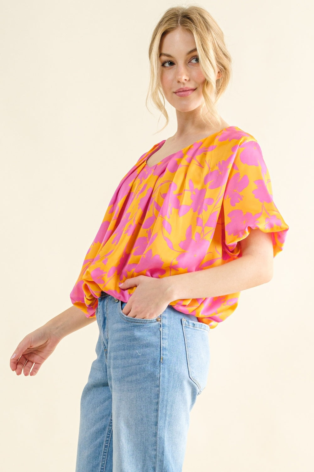 And The Why Full Size Printed Satin Bubble Hem Top - TOPS - Floral print