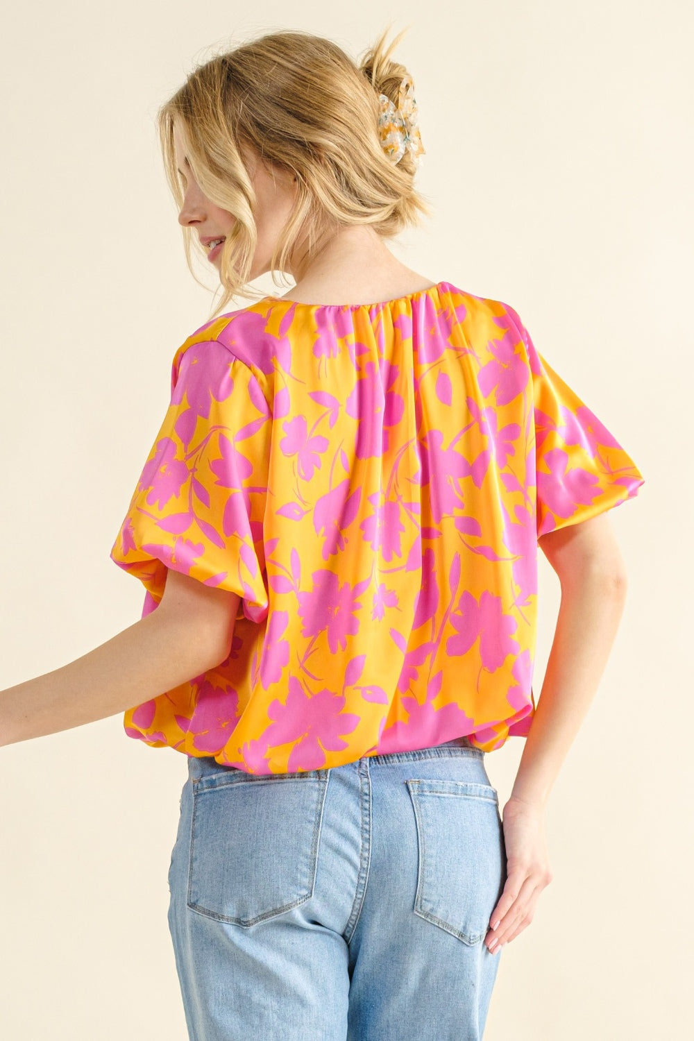 And The Why Full Size Printed Satin Bubble Hem Top - TOPS - Floral print