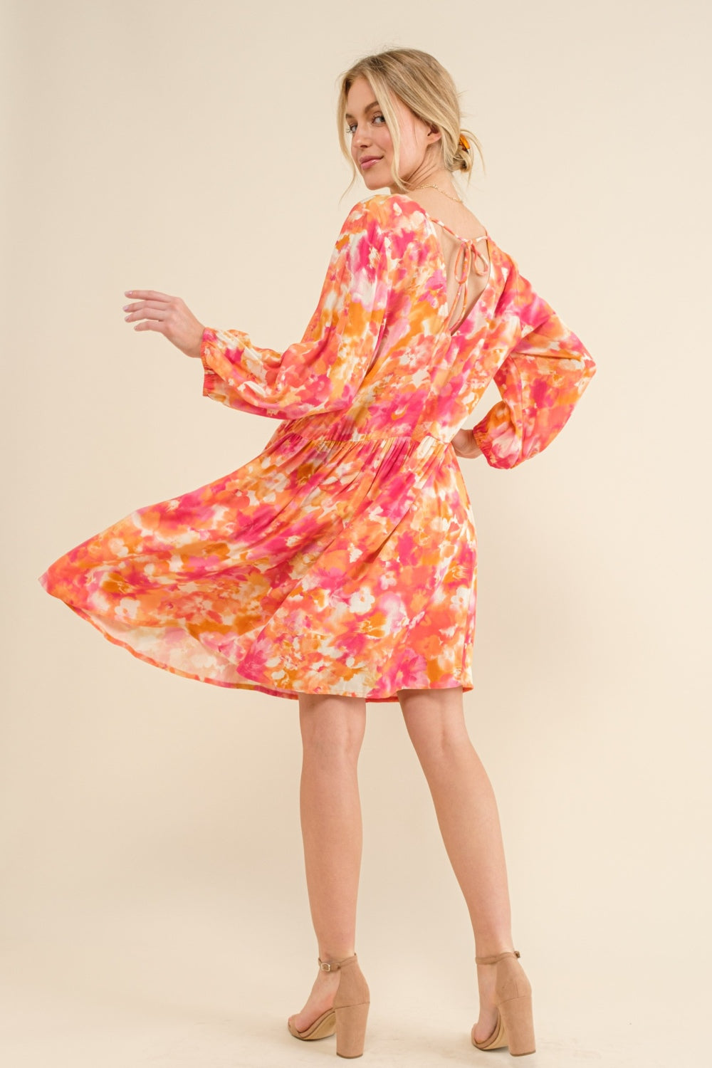 And The Why Full Size Printed Tie Back Long Sleeve Dress - DRESSES - Orange