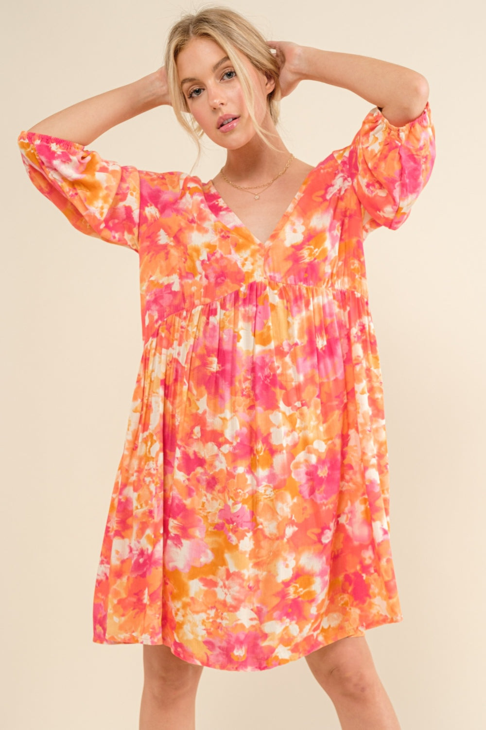 And The Why Full Size Printed Tie Back Long Sleeve Dress - DRESSES - Orange