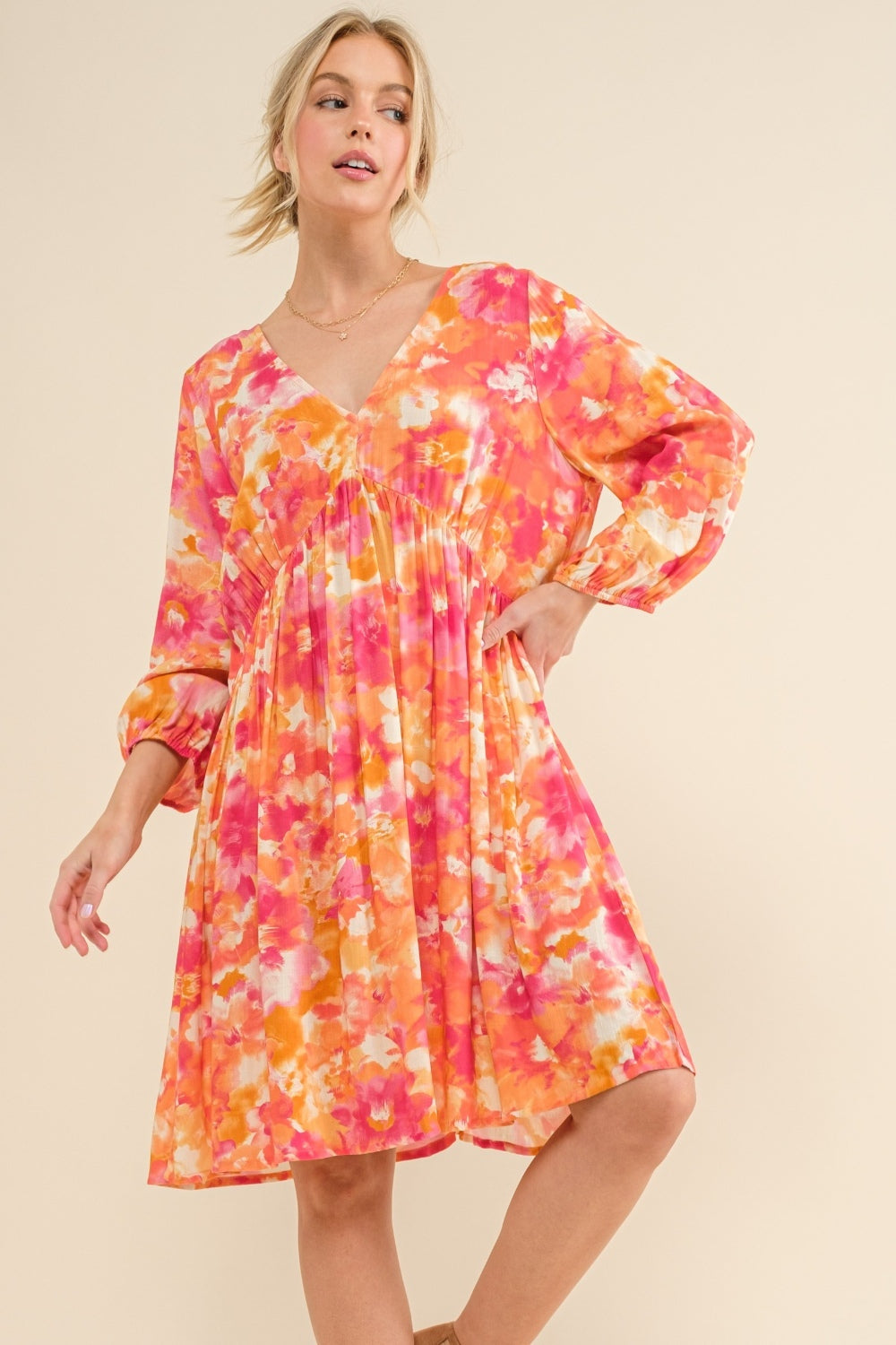 And The Why Full Size Printed Tie Back Long Sleeve Dress - DRESSES - Orange