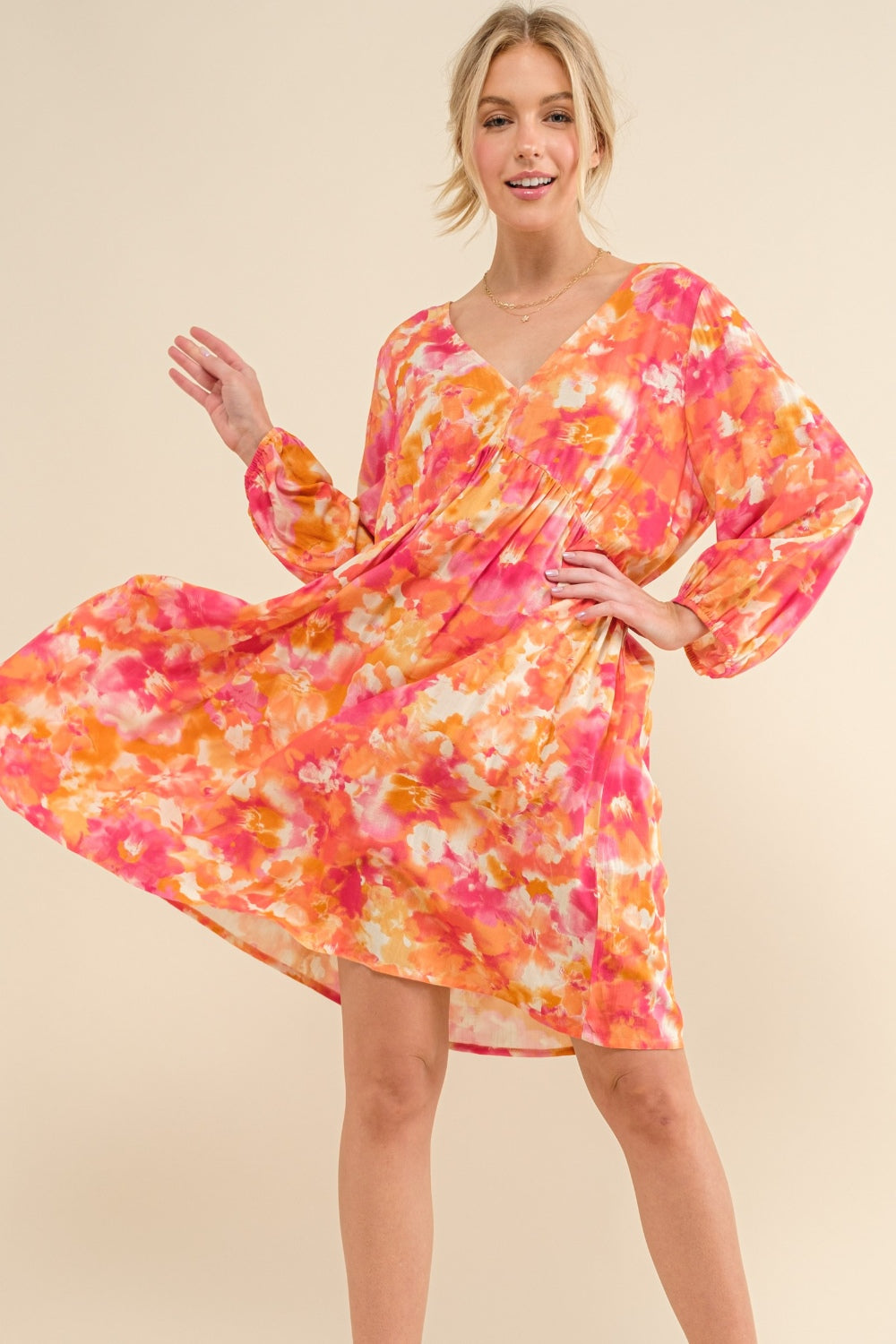 And The Why Full Size Printed Tie Back Long Sleeve Dress - Orange Multi / S - DRESSES - Orange