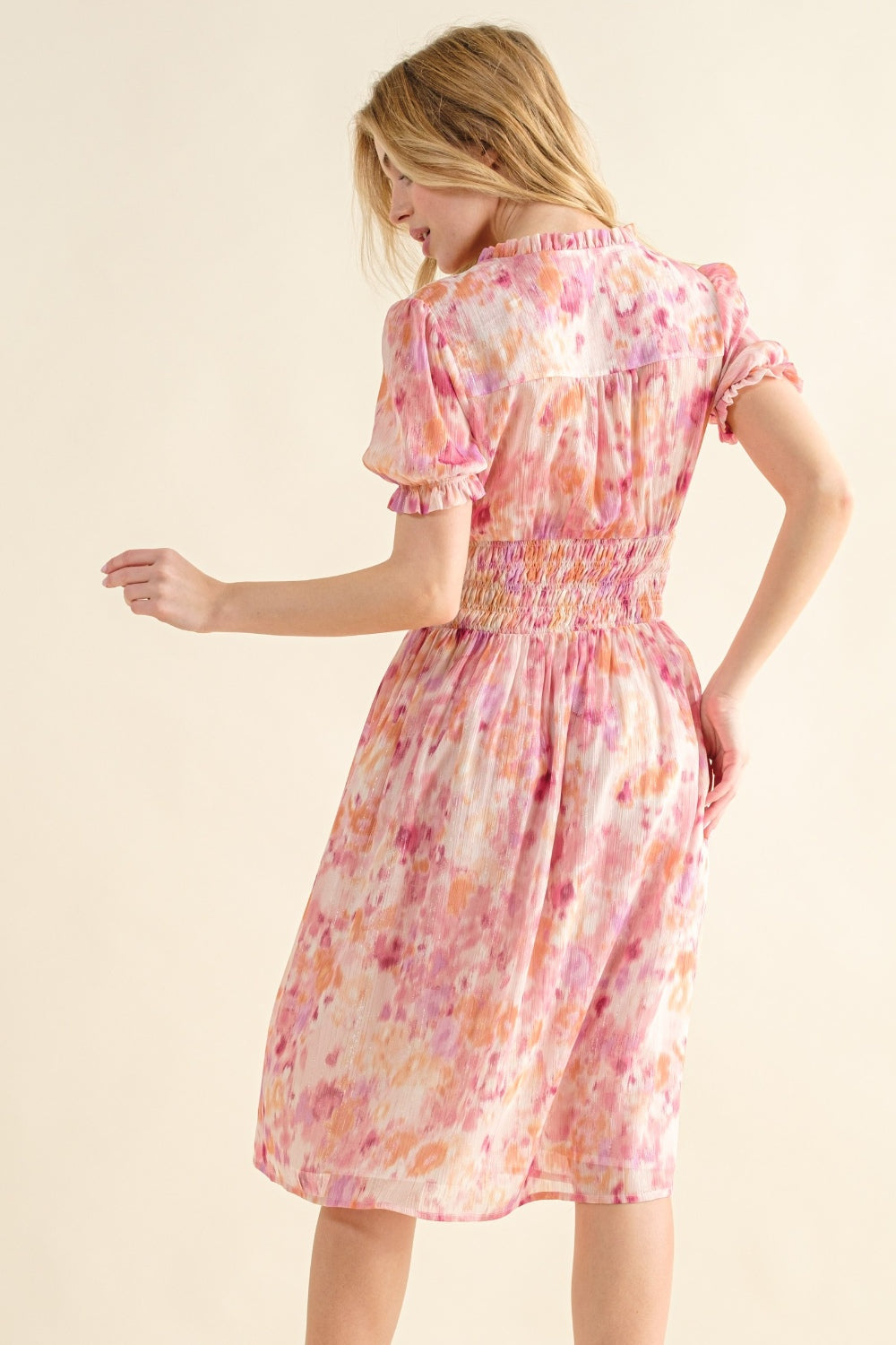 And The Why Full Size Smocked Waist Printed Midi Dress - DRESSES - Pink