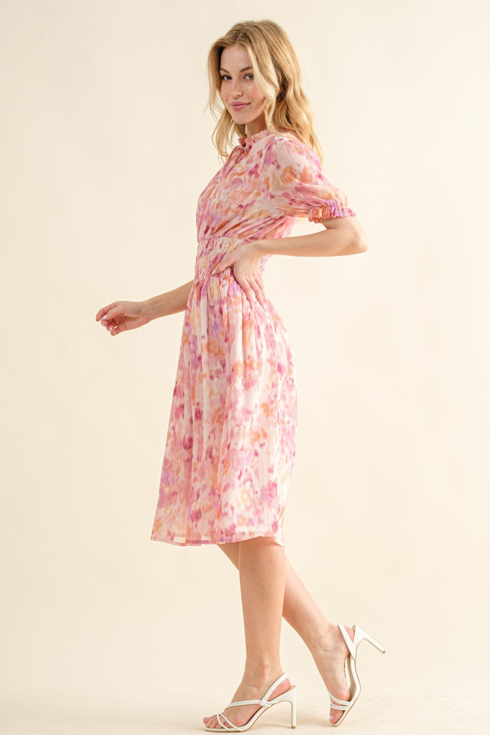 And The Why Full Size Smocked Waist Printed Midi Dress - DRESSES - Pink