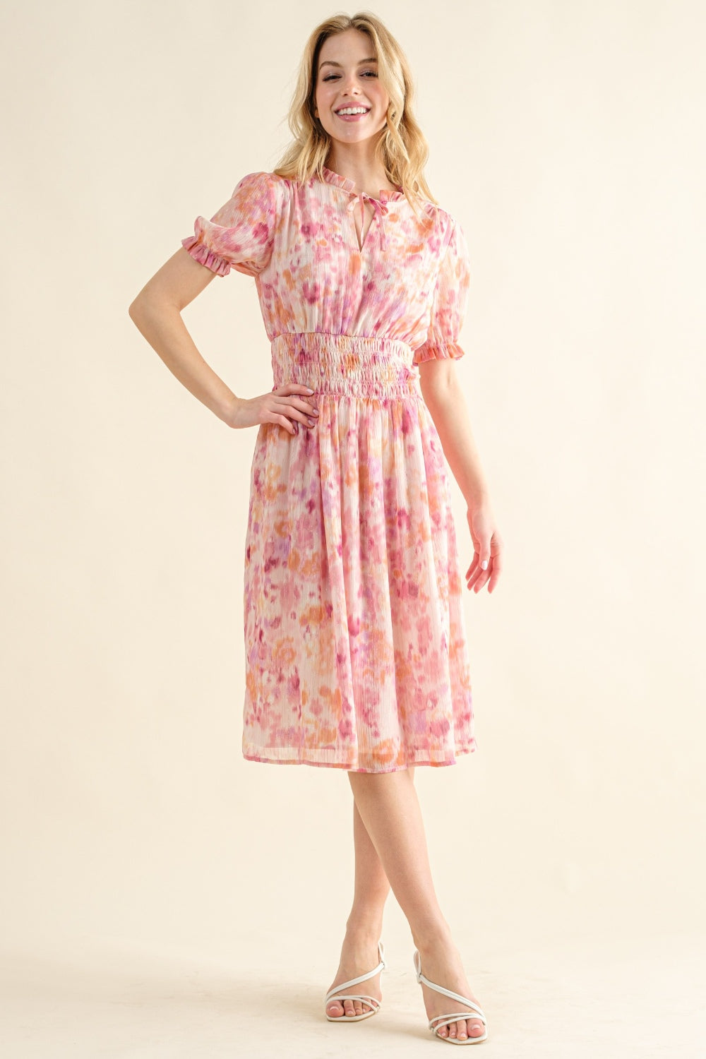 And The Why Full Size Smocked Waist Printed Midi Dress - Pink Multi / S - DRESSES - Pink