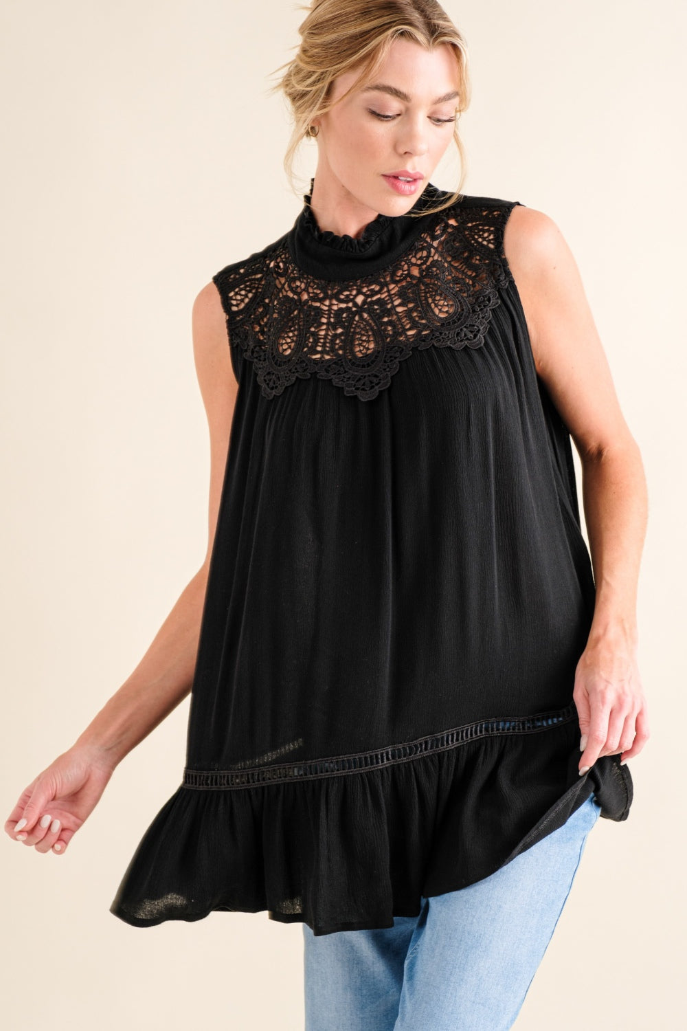 And The Why Lace Detail Sleeveless Ruffled Top - Black / S - TOPS - Black