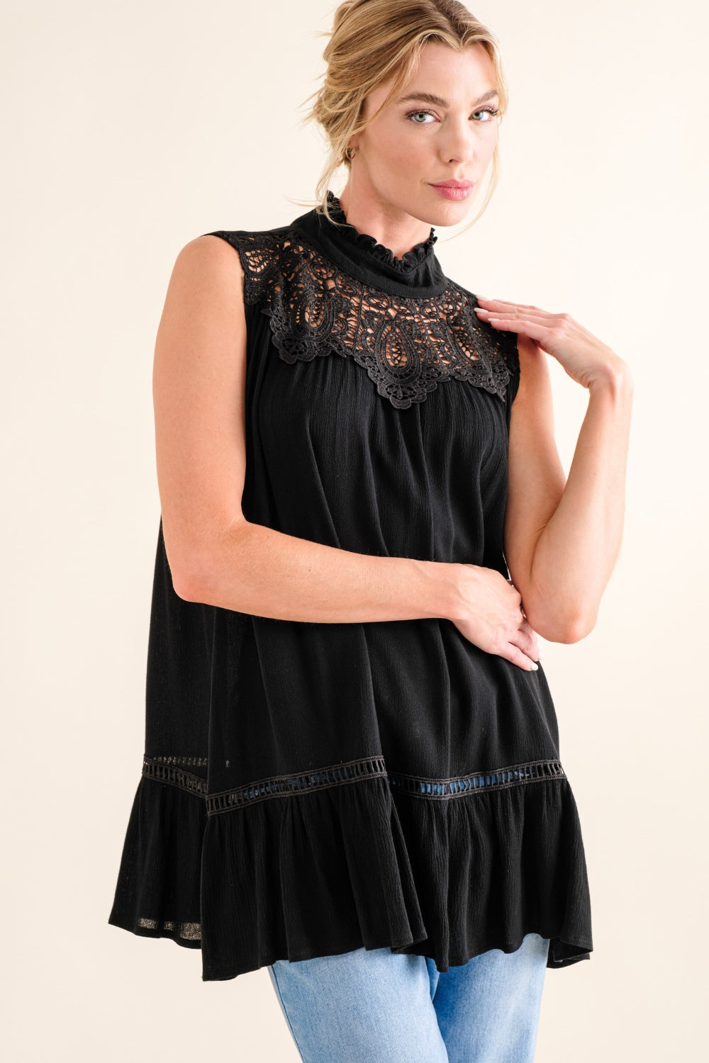 And The Why Lace Detail Sleeveless Ruffled Top - TOPS - Black