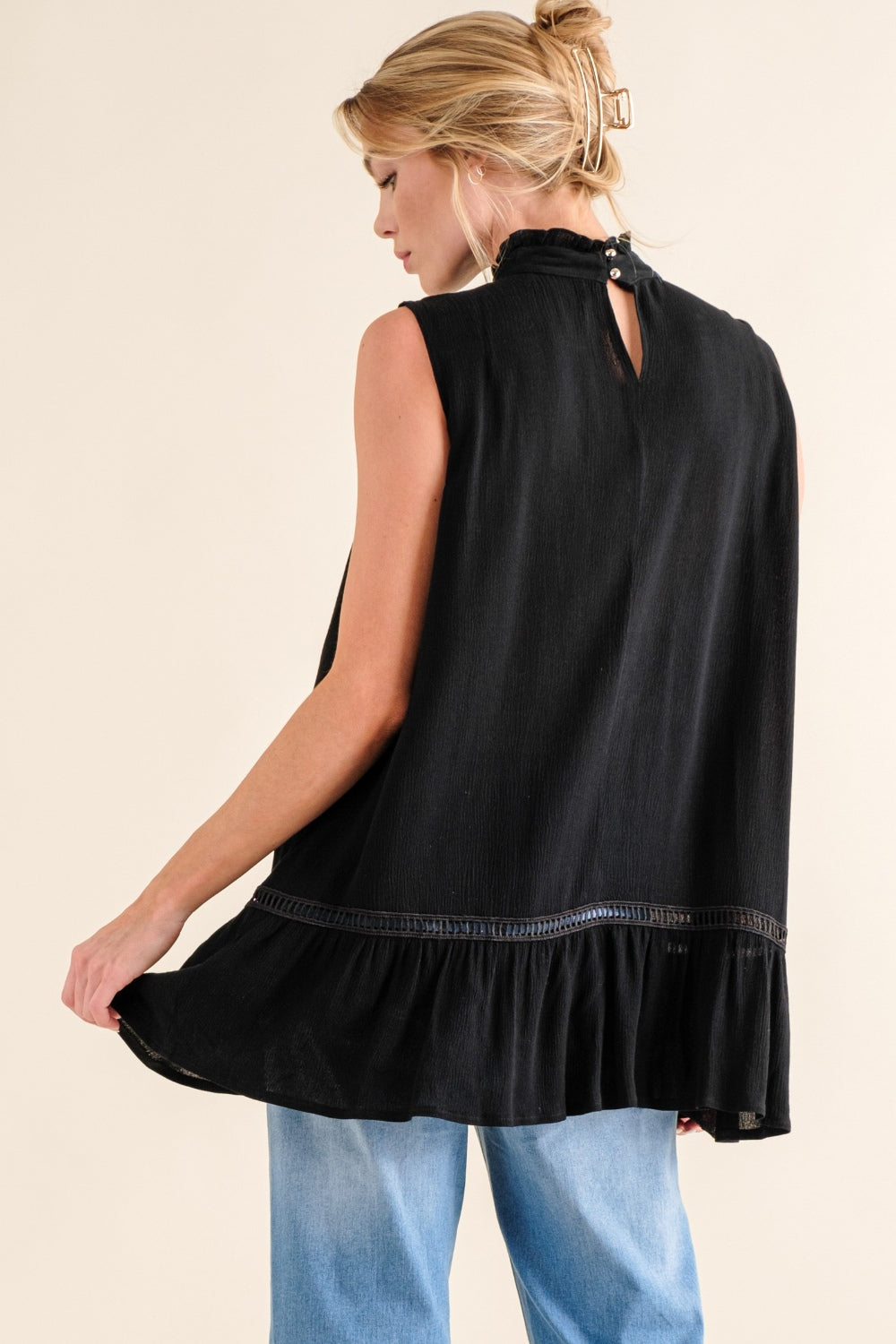 And The Why Lace Detail Sleeveless Ruffled Top - TOPS - Black