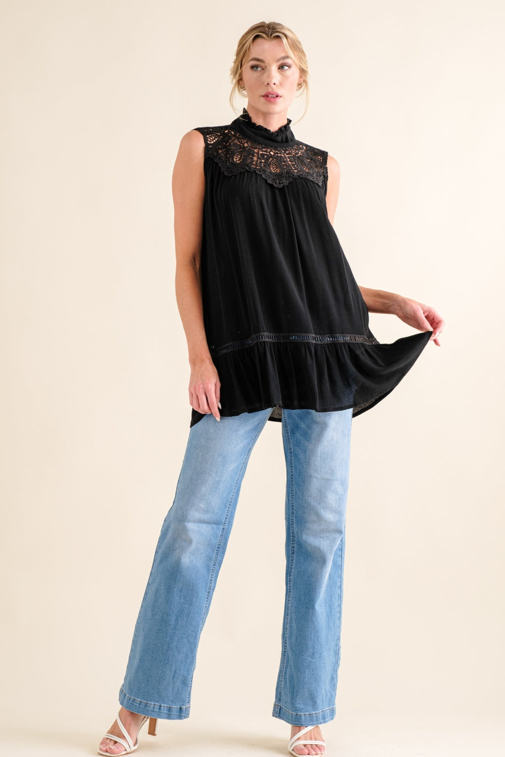 And The Why Lace Detail Sleeveless Ruffled Top - TOPS - Black