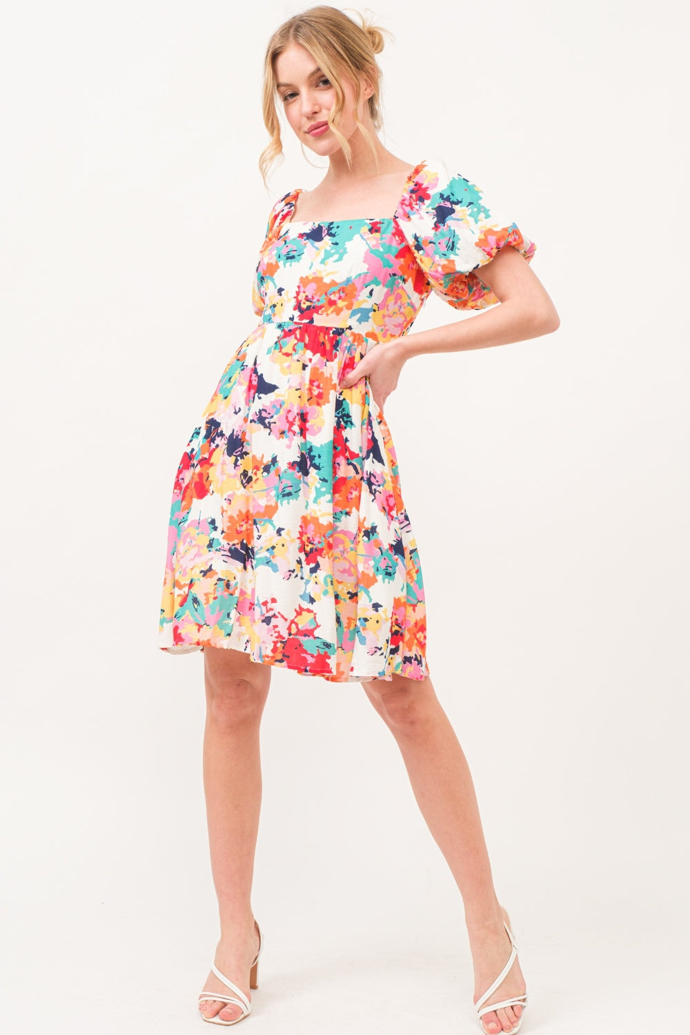 And The Why Square Neck Puff Sleeve Floral Dress - DRESSES - Multi