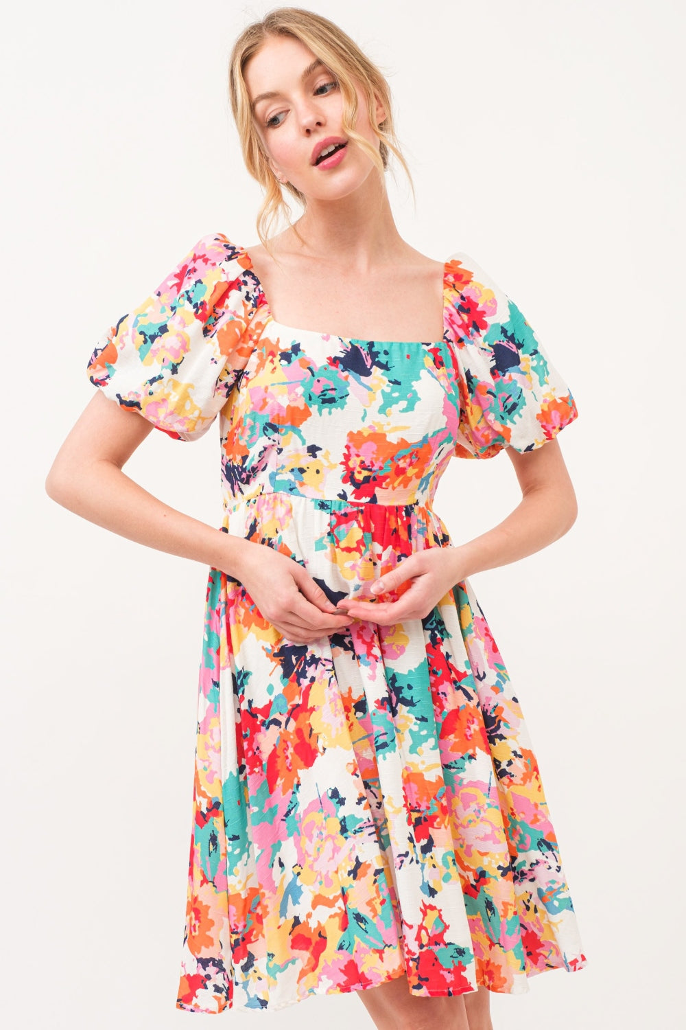 And The Why Square Neck Puff Sleeve Floral Dress - DRESSES - Multi