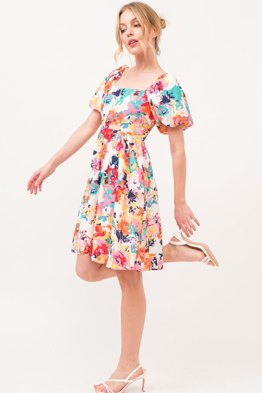 And The Why Square Neck Puff Sleeve Floral Dress - DRESSES - Multi