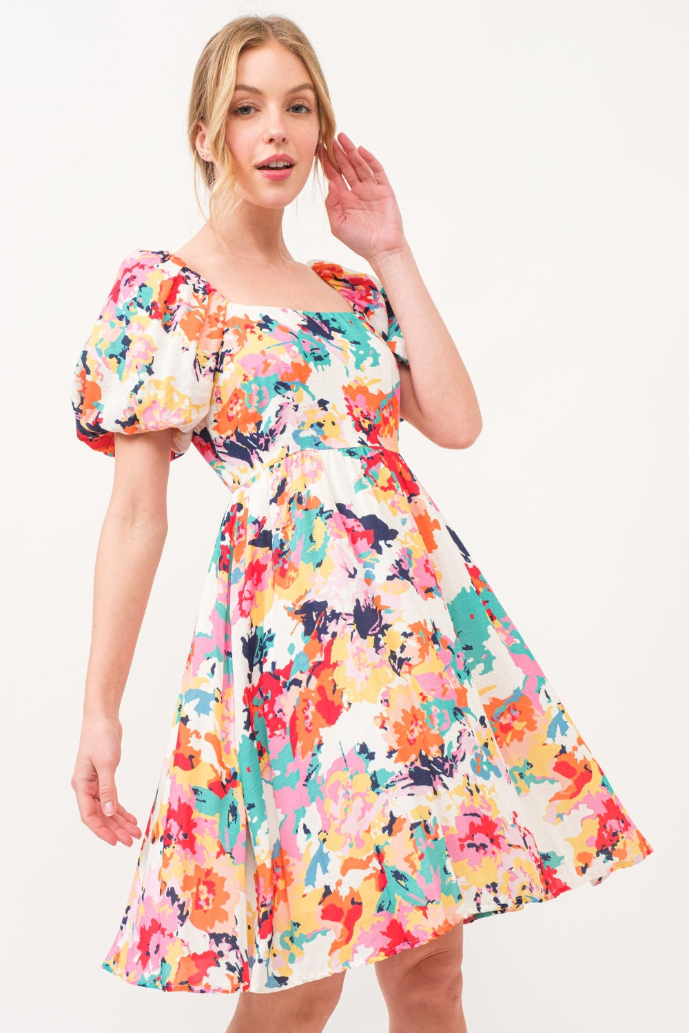 And The Why Square Neck Puff Sleeve Floral Dress - Multi / S - DRESSES - Multi