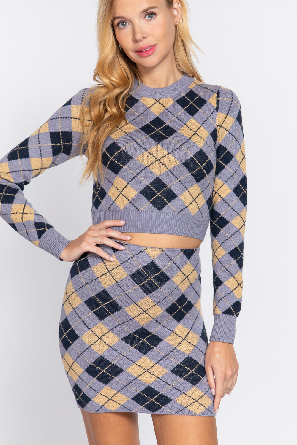 Argyle Jacquard Sweater Mini Skirt Smile Sparker