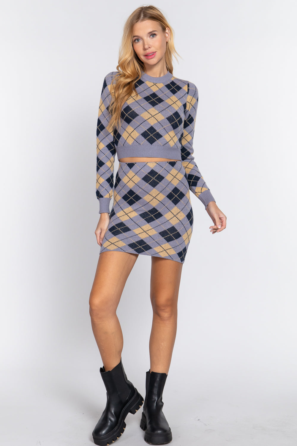 Argyle Jacquard Sweater Mini Skirt Smile Sparker