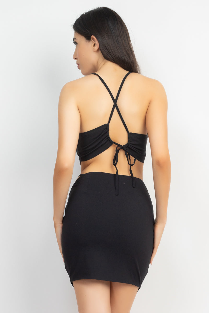 Asymmetrical Cross Back Top & Skirts Set - SETS - Black