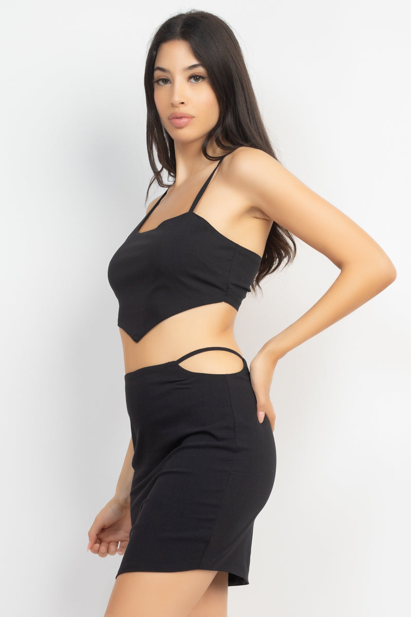 Asymmetrical Cross Back Top & Skirts Set - SETS - Black