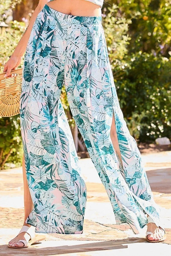 Back Elastic Waist Band Side Pockets Pleat Side Open Slit Tropical Print Pants - PANTS - Animal Print