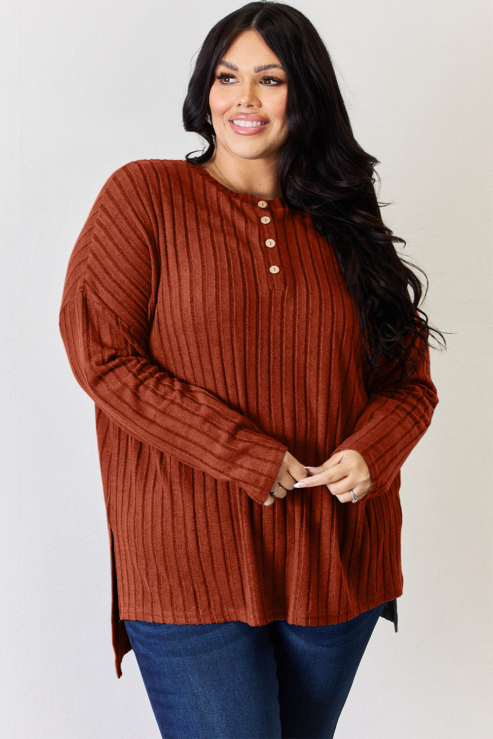 Basic Bae Full Size Ribbed Half Button Long Sleeve High-Low T-Shirt - TOPS - Mixed