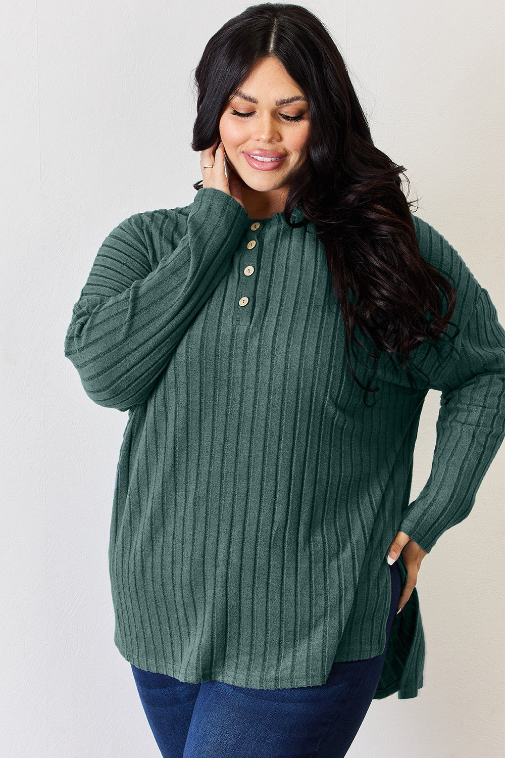 Basic Bae Full Size Ribbed Half Button Long Sleeve High-Low T-Shirt - TOPS - Mixed