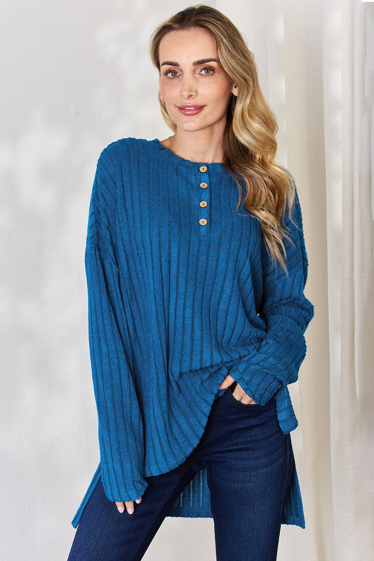 Basic Bae Full Size Ribbed Half Button Long Sleeve High-Low T-Shirt - Sky Blue / S - TOPS - Mixed