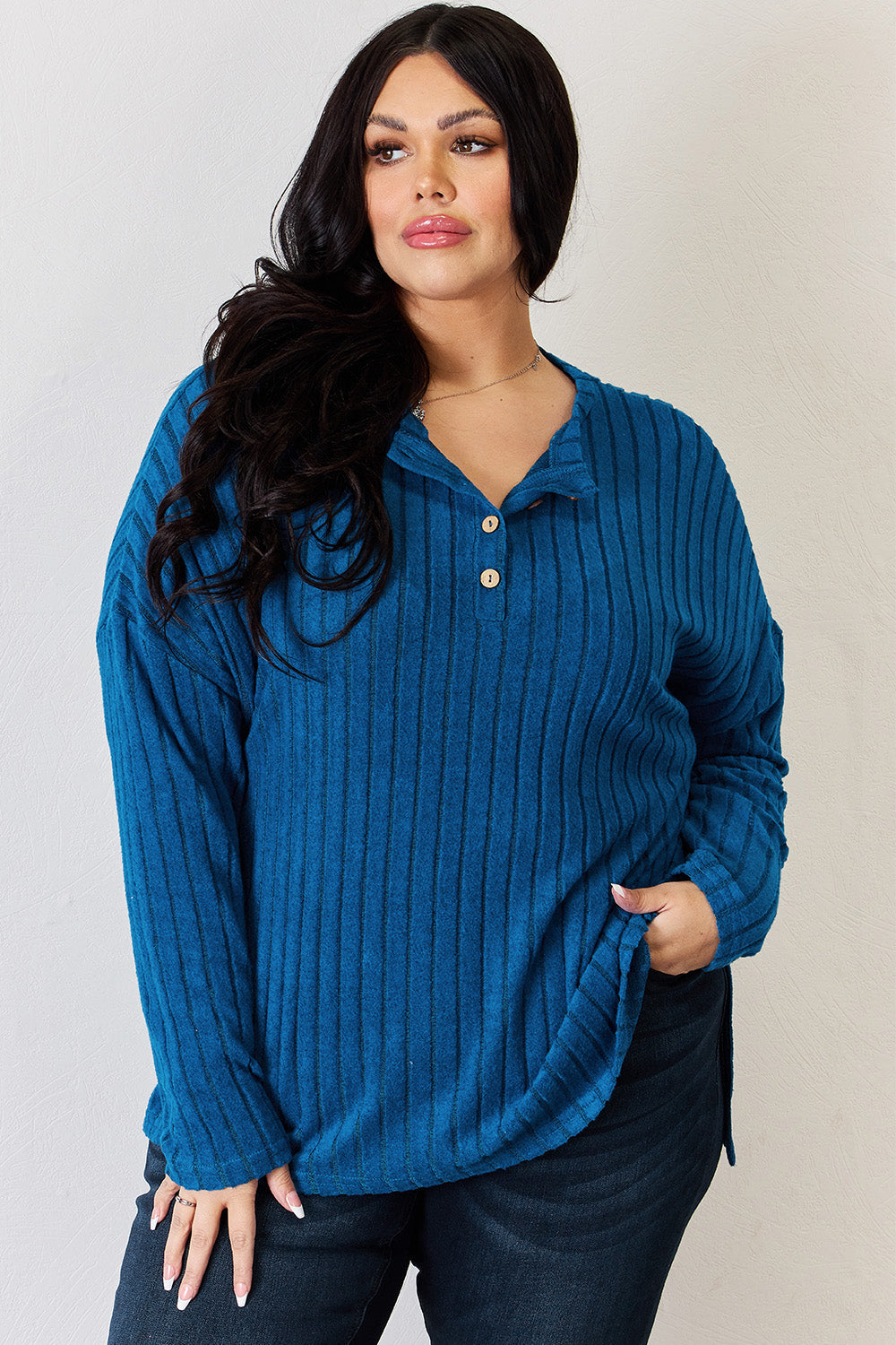 Basic Bae Full Size Ribbed Half Button Long Sleeve High-Low T-Shirt - TOPS - Mixed