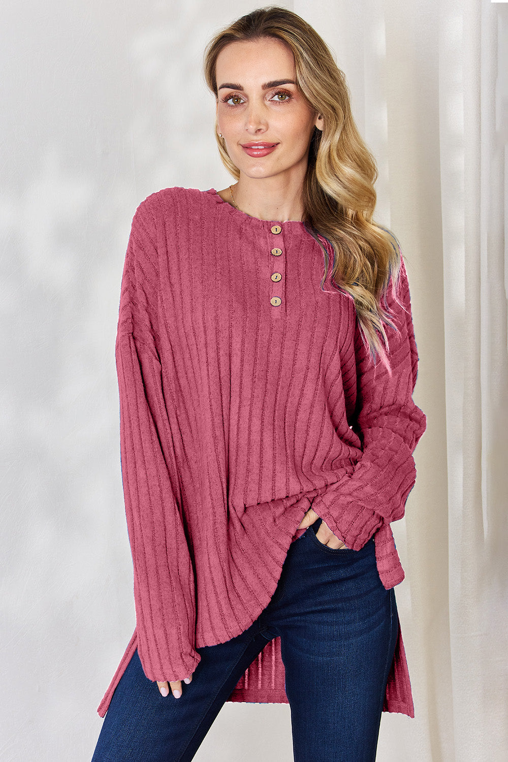 Basic Bae Full Size Ribbed Half Button Long Sleeve High-Low T-Shirt - Hot Pink / S - TOPS - Mixed