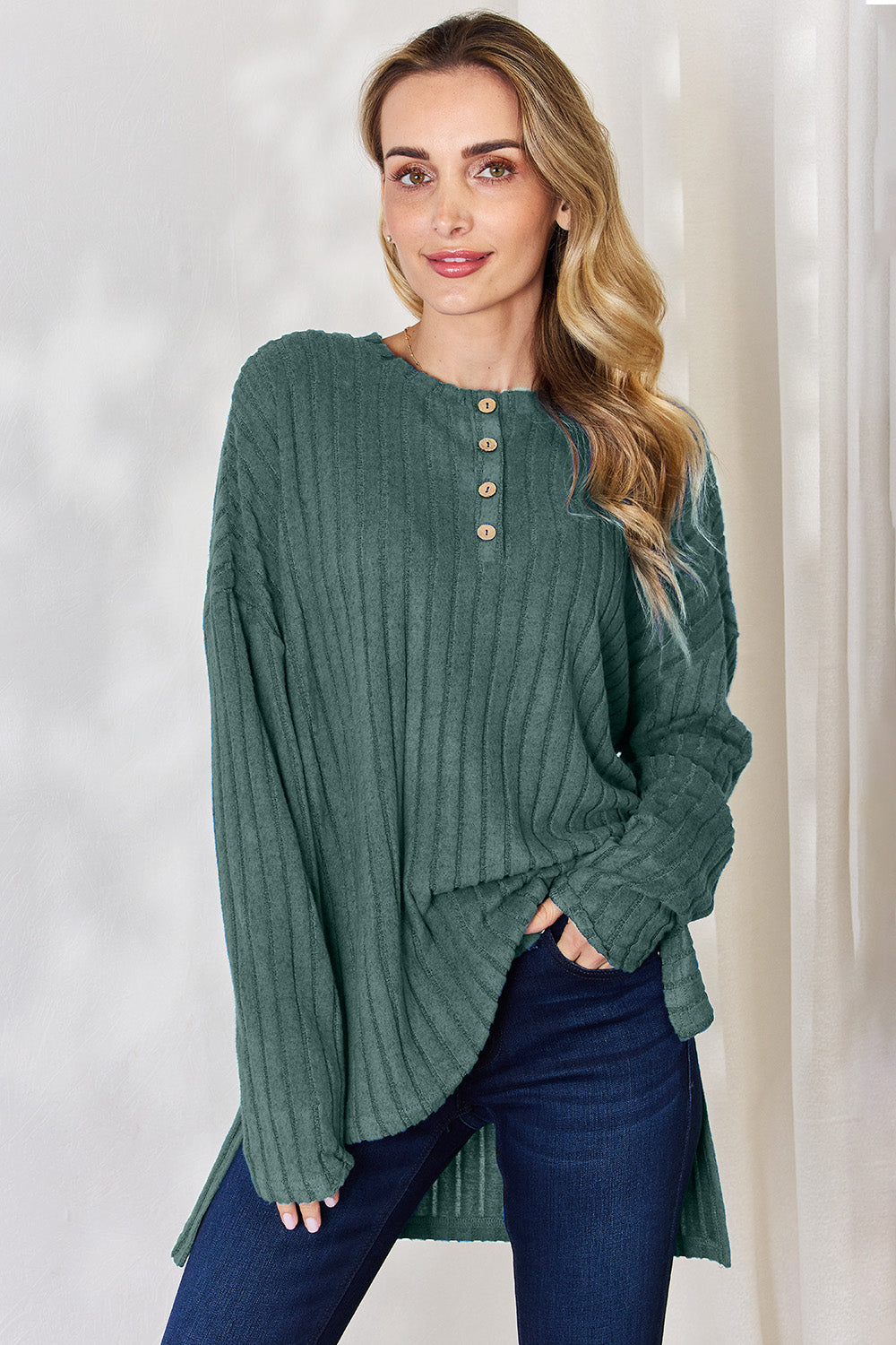 Basic Bae Full Size Ribbed Half Button Long Sleeve High-Low T-Shirt - Light Green / S - TOPS - Mixed