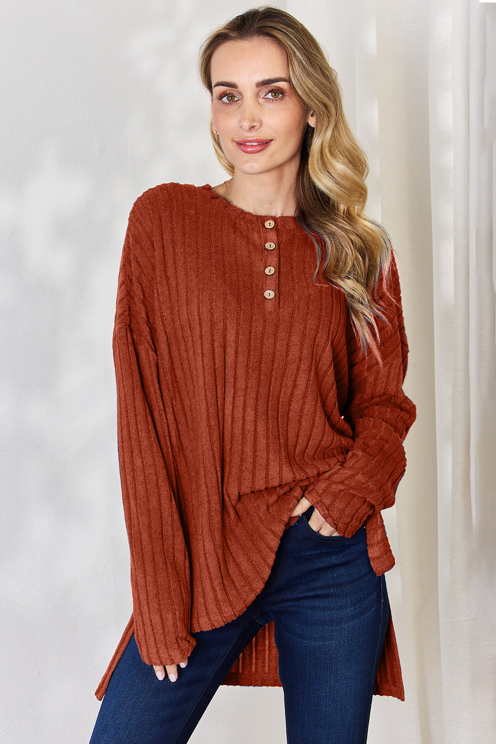 Basic Bae Full Size Ribbed Half Button Long Sleeve High-Low T-Shirt - Rust / S - TOPS - Mixed