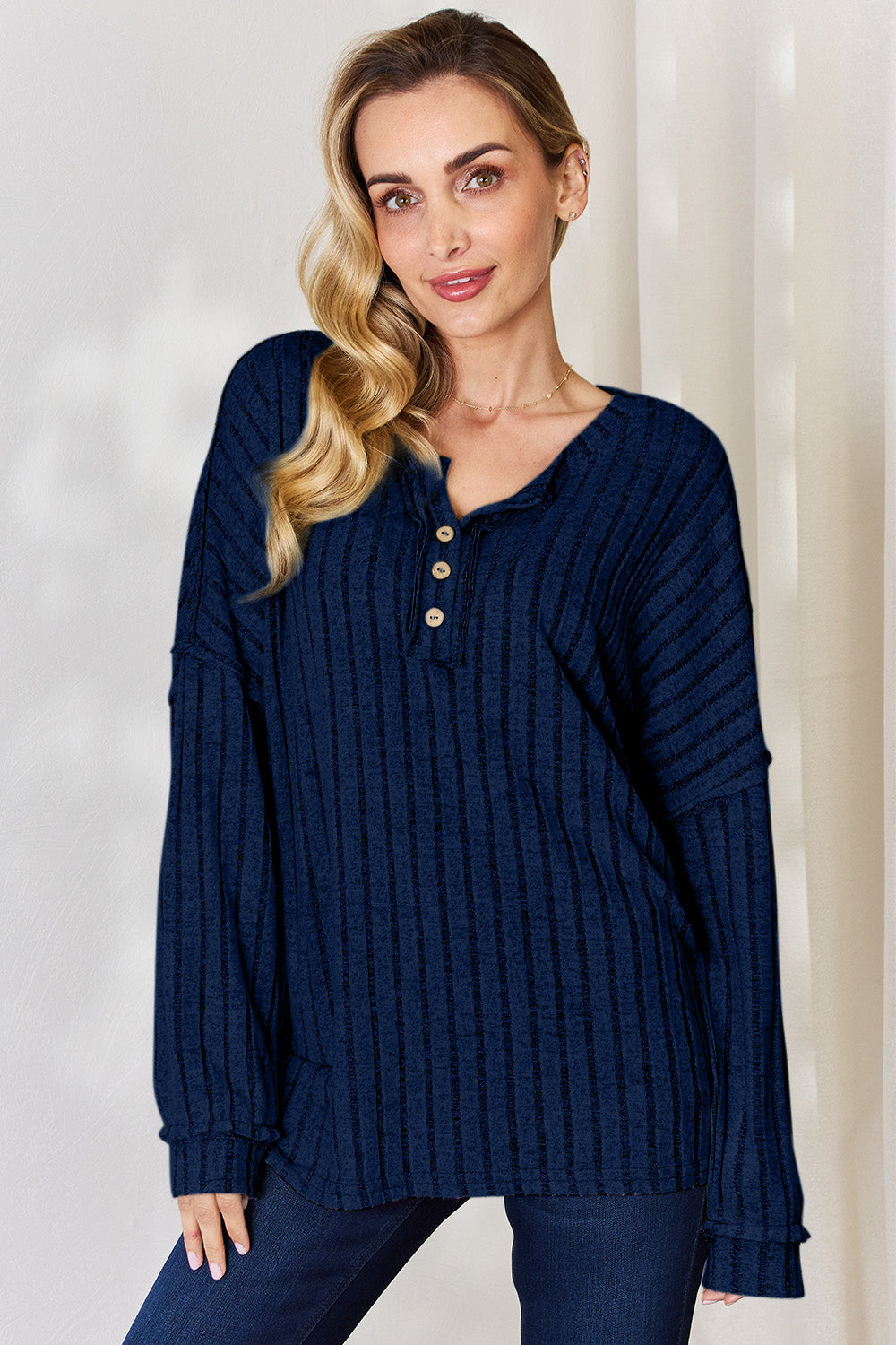 Basic Bae Full Size Ribbed Half Button Long Sleeve T-Shirt - Dark Blue / S - TOPS - Mixed