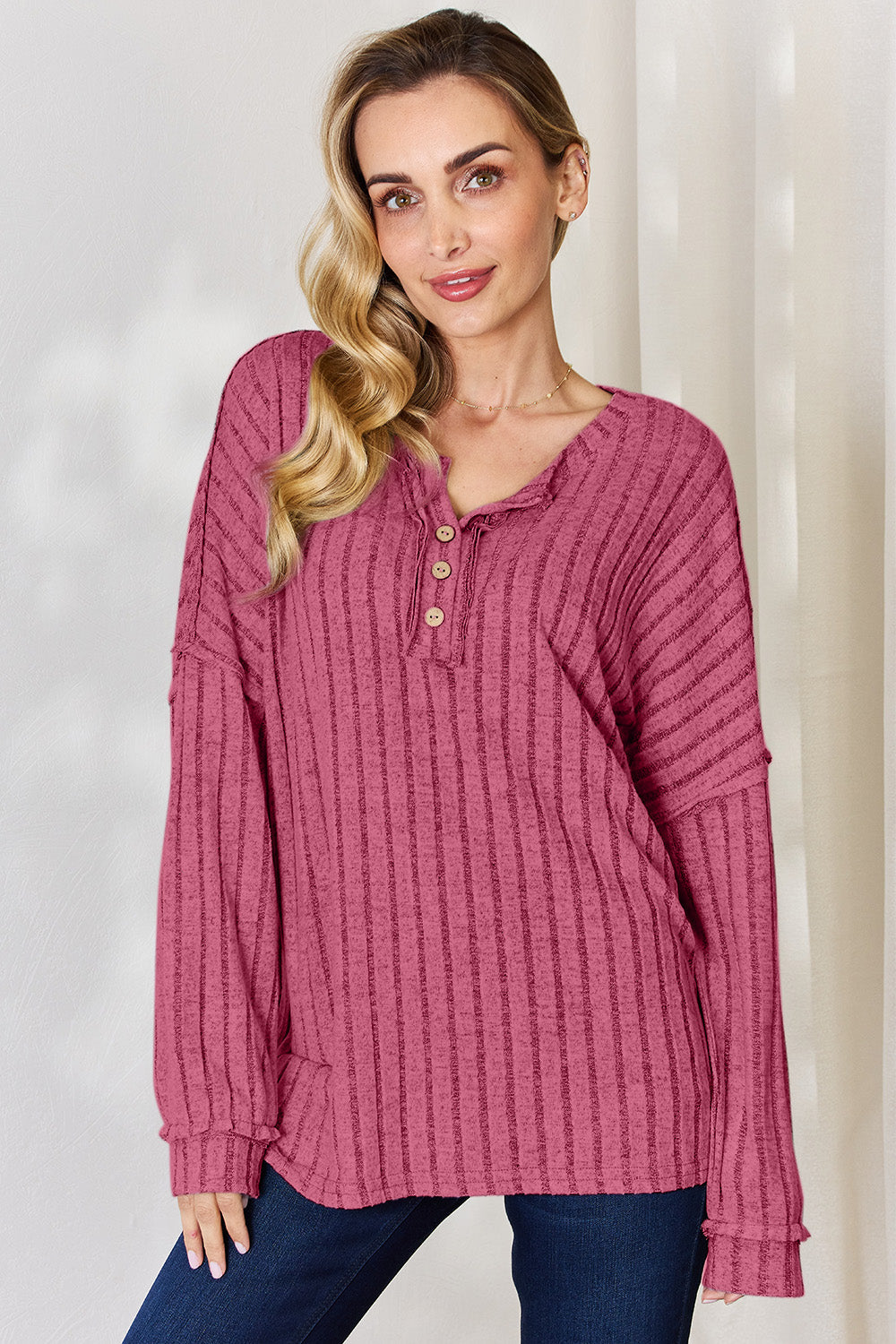 Basic Bae Full Size Ribbed Half Button Long Sleeve T-Shirt - Hot Pink / S - TOPS - Mixed