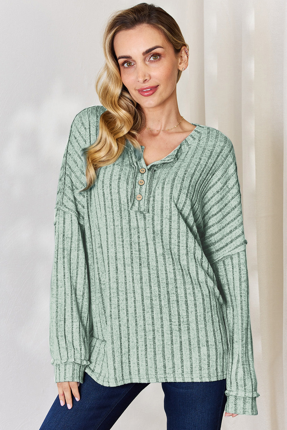 Basic Bae Full Size Ribbed Half Button Long Sleeve T-Shirt - Light Green / S - TOPS - Mixed