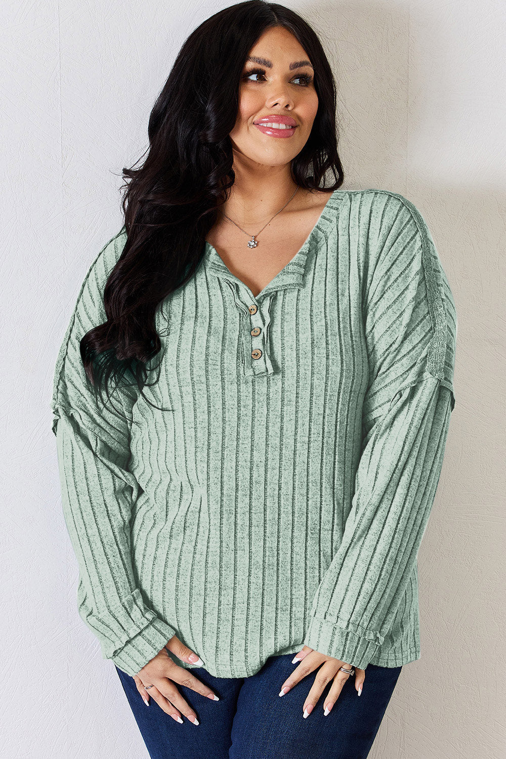 Basic Bae Full Size Ribbed Half Button Long Sleeve T-Shirt - TOPS - Mixed