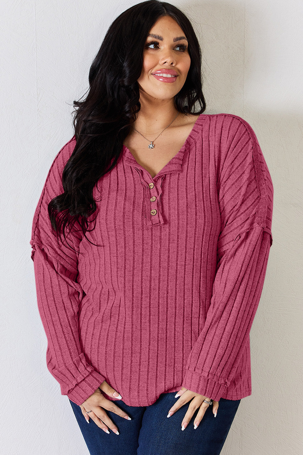 Basic Bae Full Size Ribbed Half Button Long Sleeve T-Shirt - TOPS - Mixed