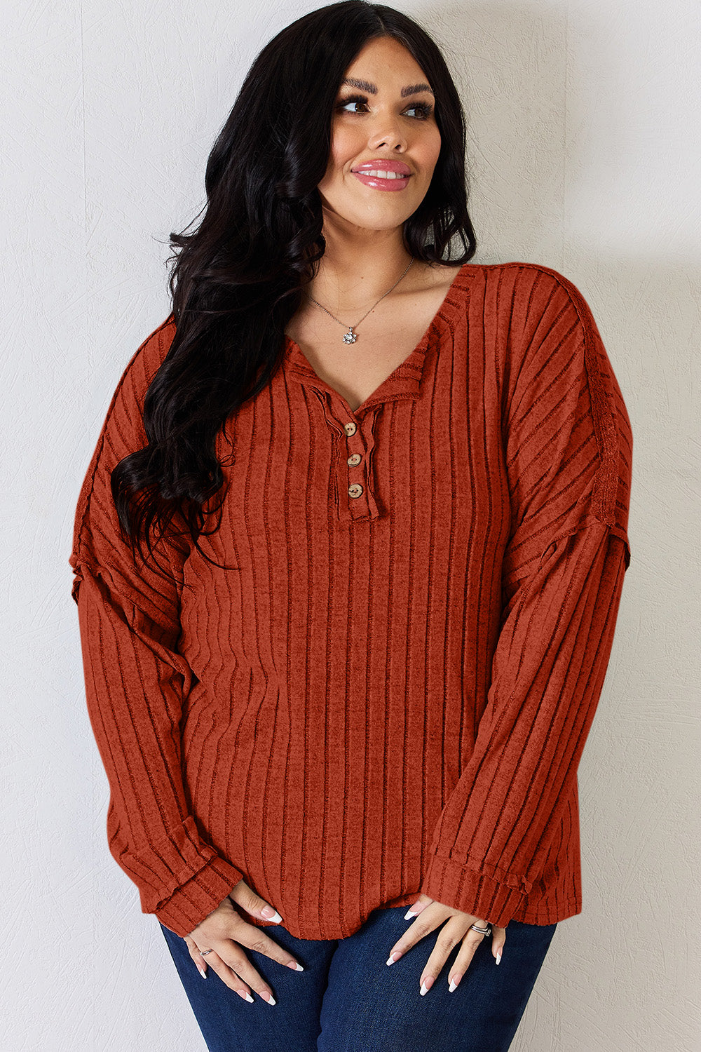 Basic Bae Full Size Ribbed Half Button Long Sleeve T-Shirt - TOPS - Mixed