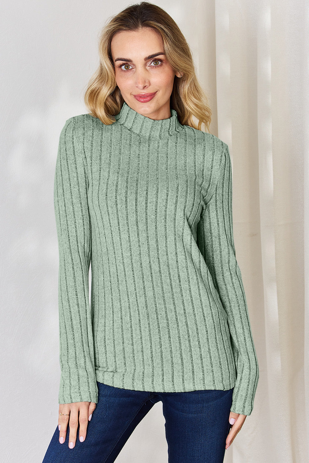 Basic Bae Full Size Ribbed Mock Neck Long Sleeve T-Shirt - Light Green / S - TOPS - Mixed