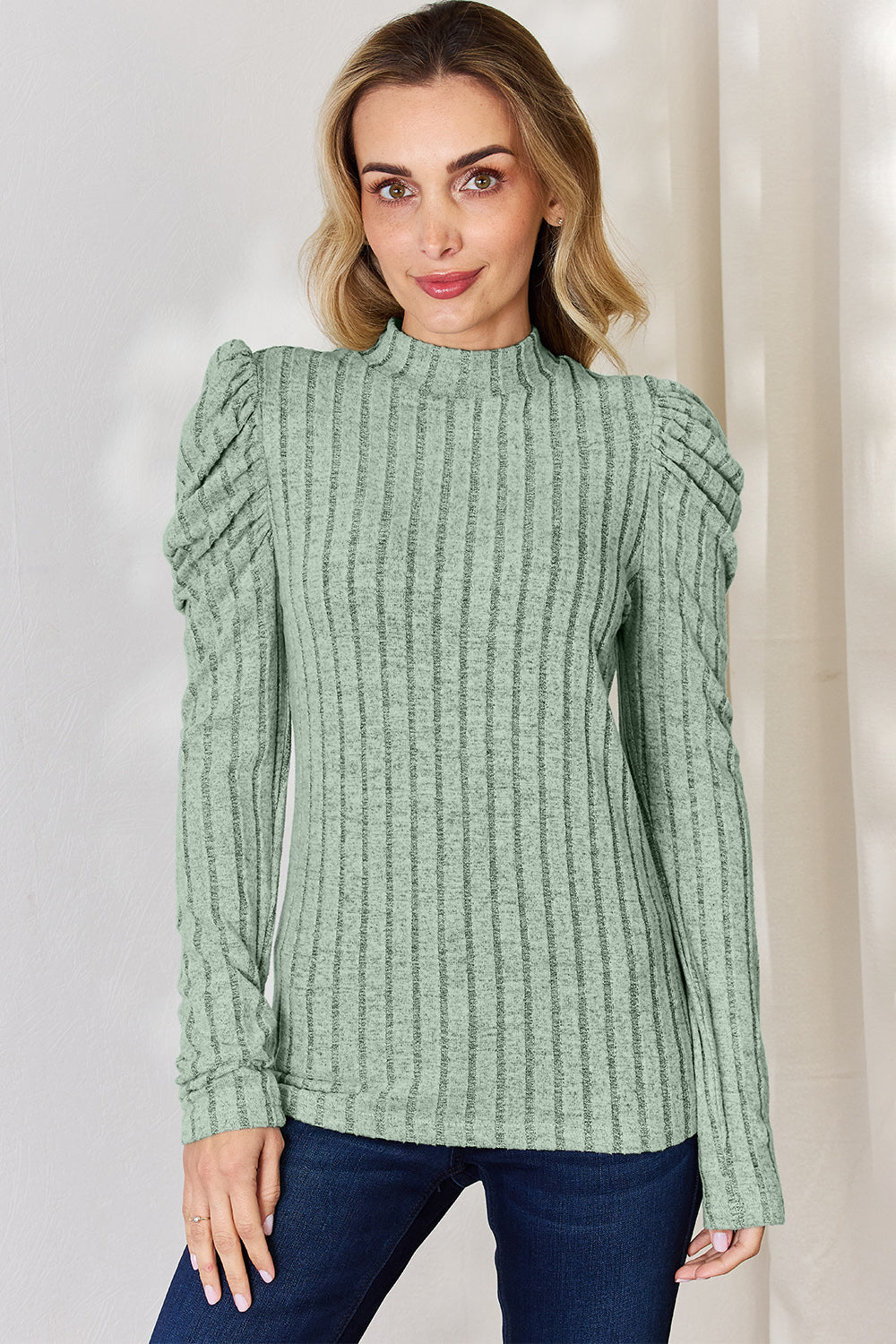 Basic Bae Full Size Ribbed Mock Neck Puff Sleeve T-Shirt - Light Green / S - TOPS - Mixed