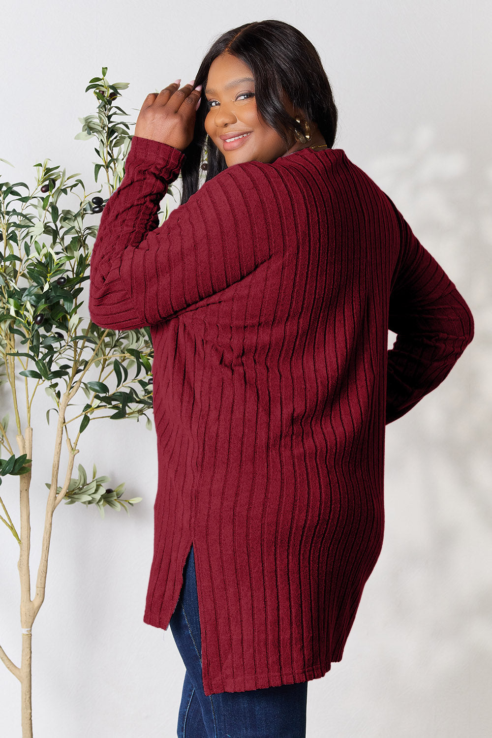 Basic Bae Full Size Ribbed Round Neck Long Sleeve Slit Top - Burgundy / S - TOPS - Mixed