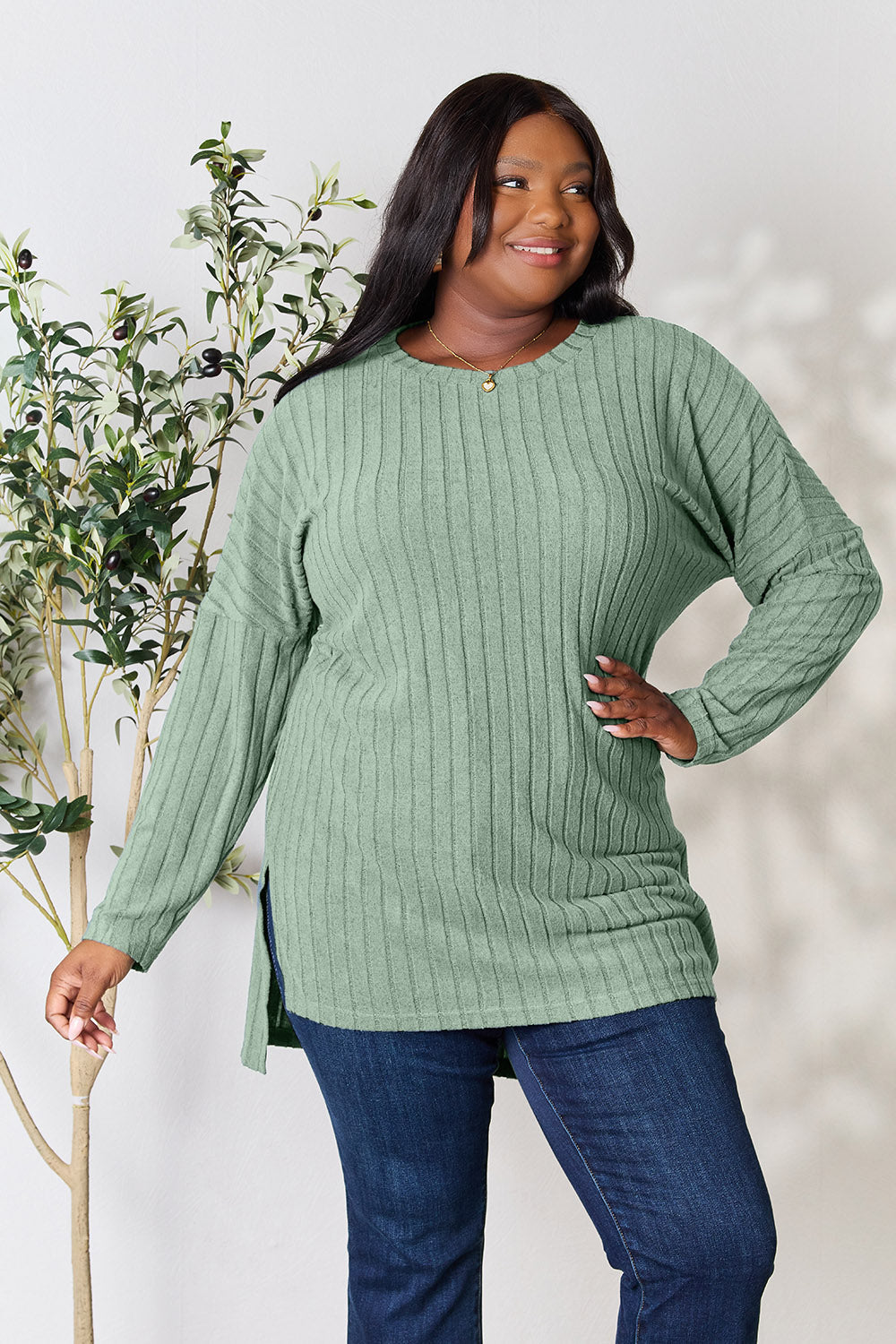 Basic Bae Full Size Ribbed Round Neck Long Sleeve Slit Top - Light Green / S - TOPS - Mixed