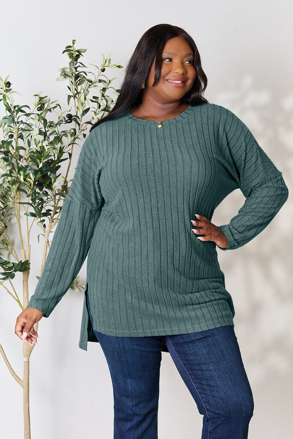 Basic Bae Full Size Ribbed Round Neck Long Sleeve Slit Top - Teal / S - TOPS - Mixed