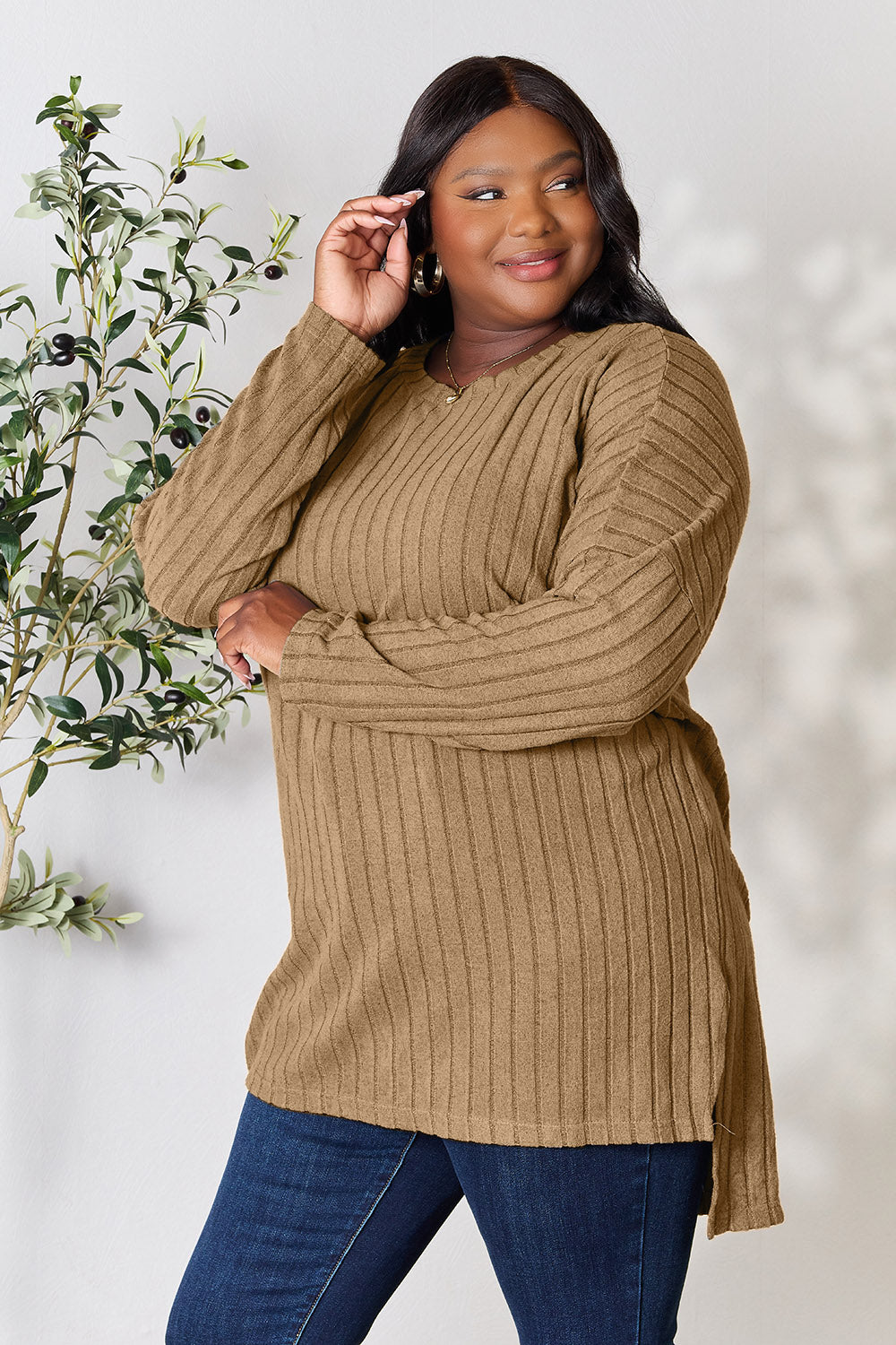 Basic Bae Full Size Ribbed Round Neck Long Sleeve Slit Top - TOPS - Mixed